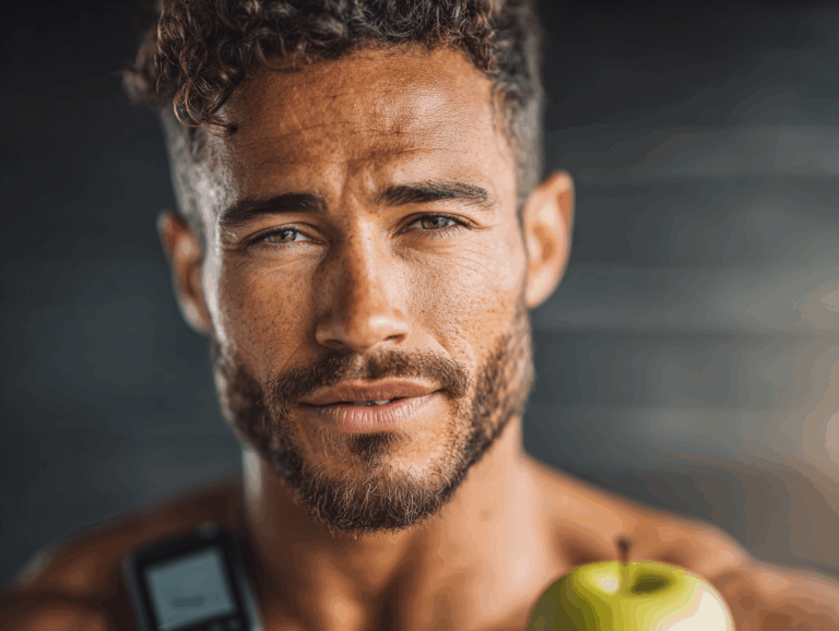 Mann hält Apfel und Fitnessgerät.