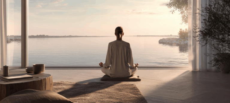 Person meditating in natural morning light with lake view – symbol of calm, mindfulness, and longevity.