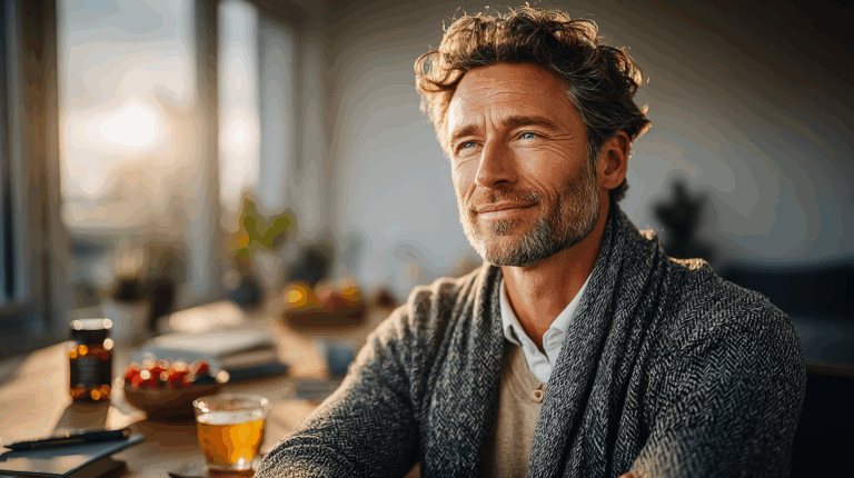 Ein Mann sitzt am Tisch mit Biochaking für mentale Leistungsfähigkeit