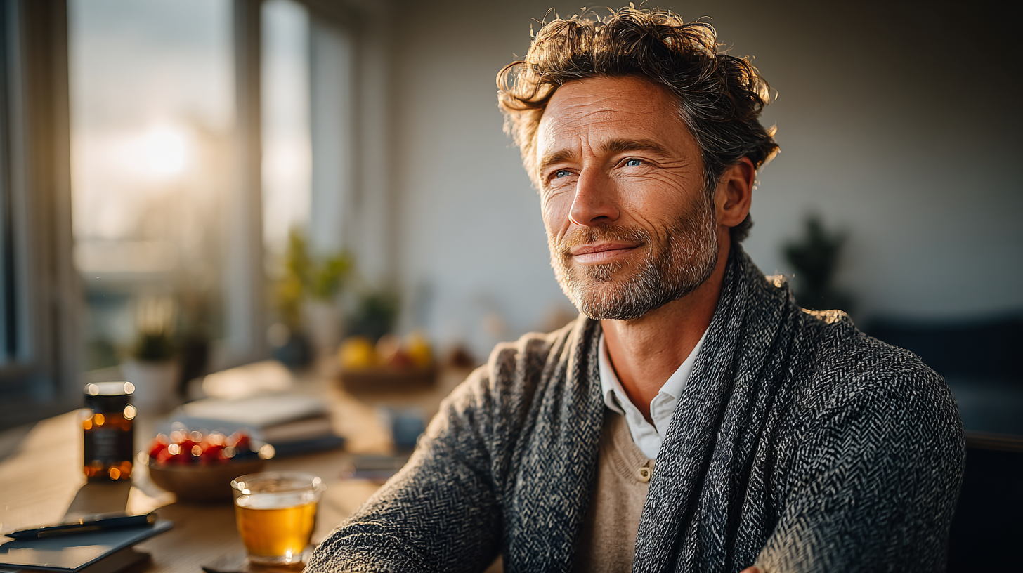 Ein Mann sitzt am Tisch mit Biochaking für mentale Leistungsfähigkeit