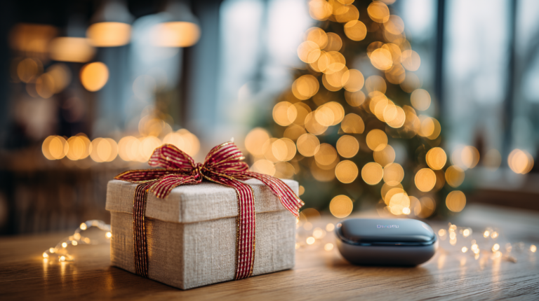 Intelligente Geschenke in Box vor Weihnachtsbaumbeleuchtung mit smart wearables