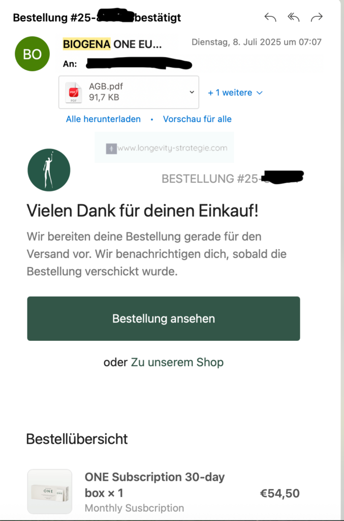 Bestellbestätigung für ein Abonnement Biogena One