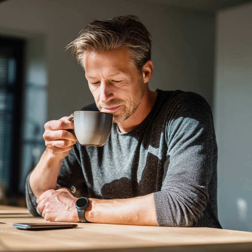 Mann trinkt Kaffee am Tisch.
