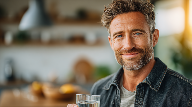 Ein vitaler Mann Mitte 40 in einer hellen Küche hält Longevity-Supplements für Zellgesundheit in der Hand