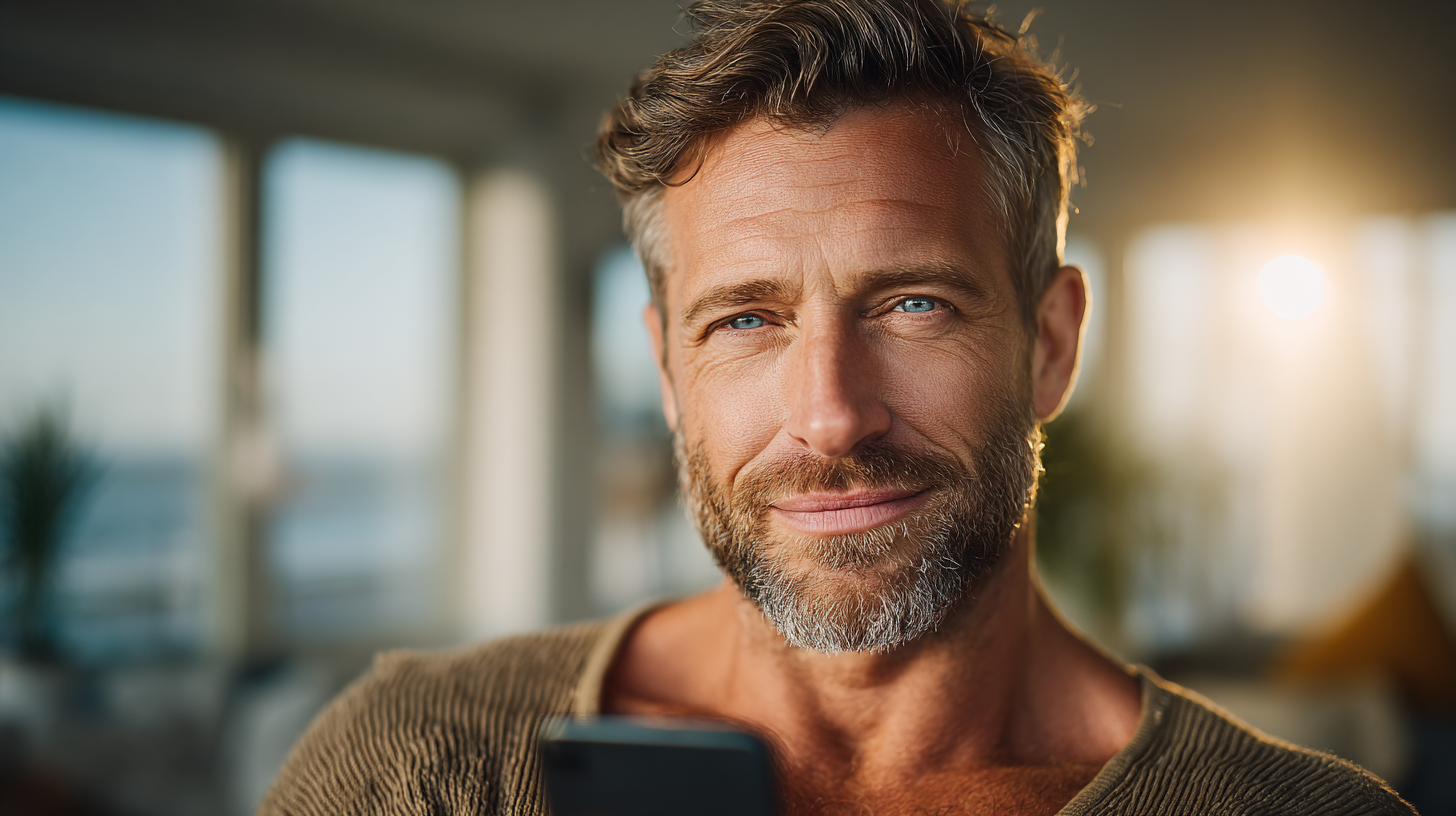 Ein Mann Mitte 40 in Berlin nutzt moderne Biohacking-Technologie zur Gesundheitsoptimierung.