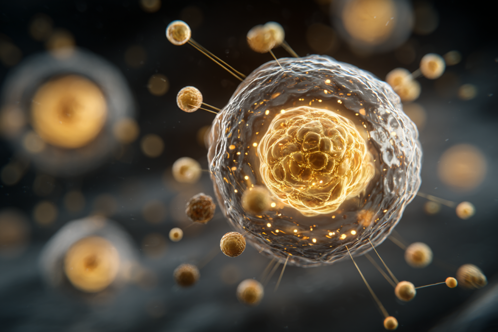 Leuchtende Zelle mit goldenen Partikeln