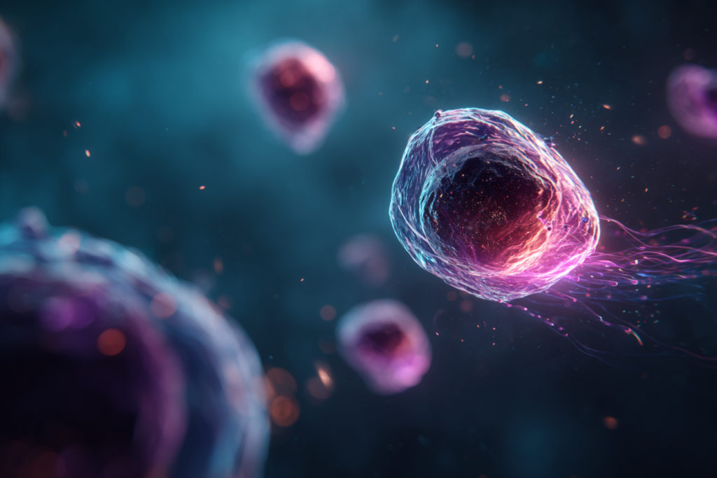 Bunte Zellen im mikroskopischen Raum.