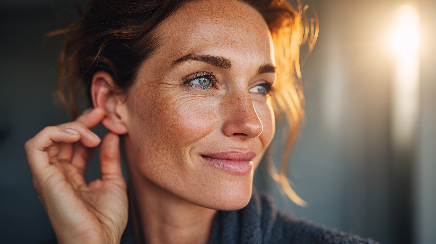 Frau massiert die Concha zur Vagusnerv Stimulation