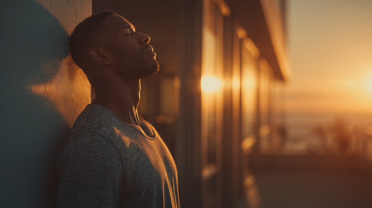 Ein Mann nutzt das erste Sonnenlicht des Tages für seine Morgenroutine Biohacking zur Optimierung des Cortisol-Spiegels.