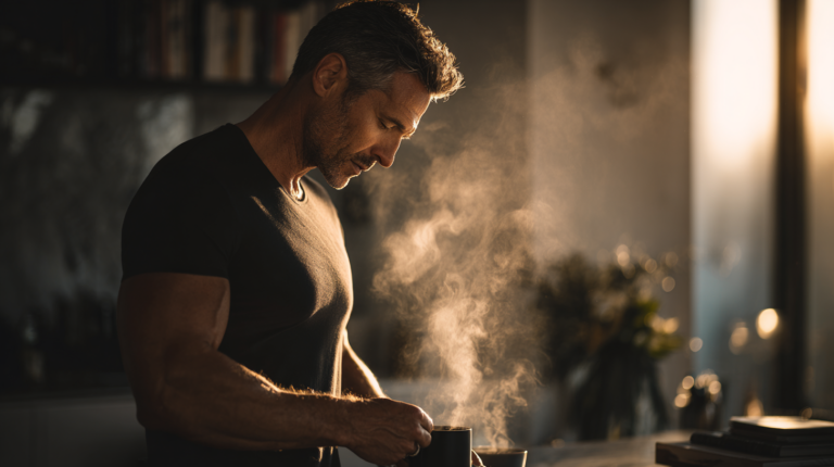 Ein gesundheitsbewusster Mann nutzt Intervallfasten Longevity Strategien in einer modernen Küche.