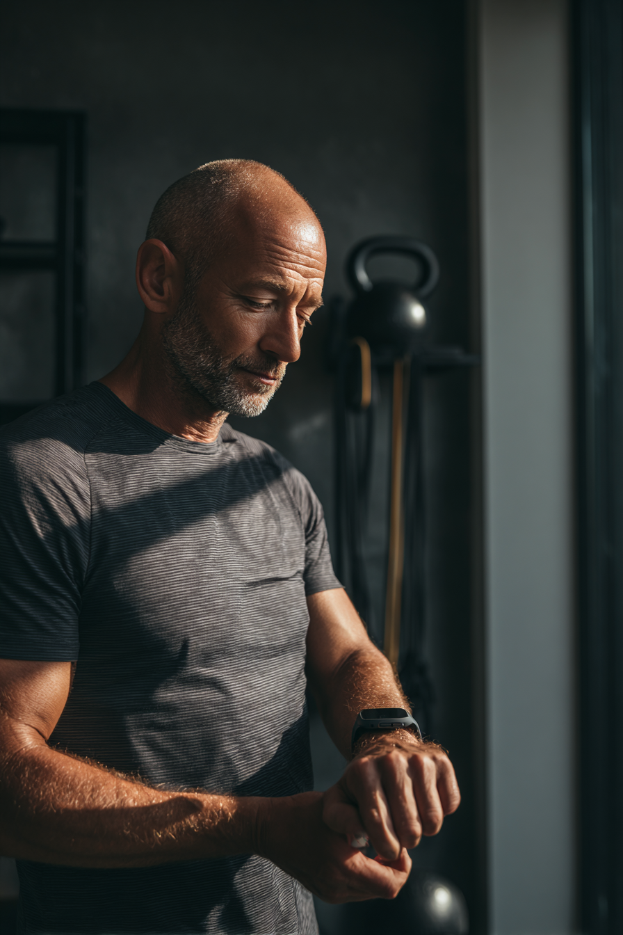 Smart Wearables Biohacking – Mann checkt WHOOP-Strap-Daten vor dem Training im Home-Gym