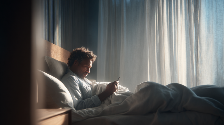 Ein vitaler Mann wacht erholt in einem modernen Schlafzimmer auf – Fokus auf Schlaf-Optimierung für Anti-Aging.