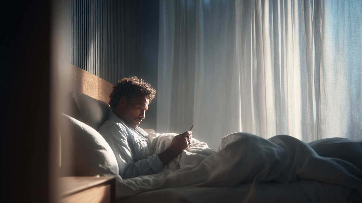 Ein vitaler Mann wacht erholt in einem modernen Schlafzimmer auf – Fokus auf Schlaf-Optimierung für Anti-Aging.