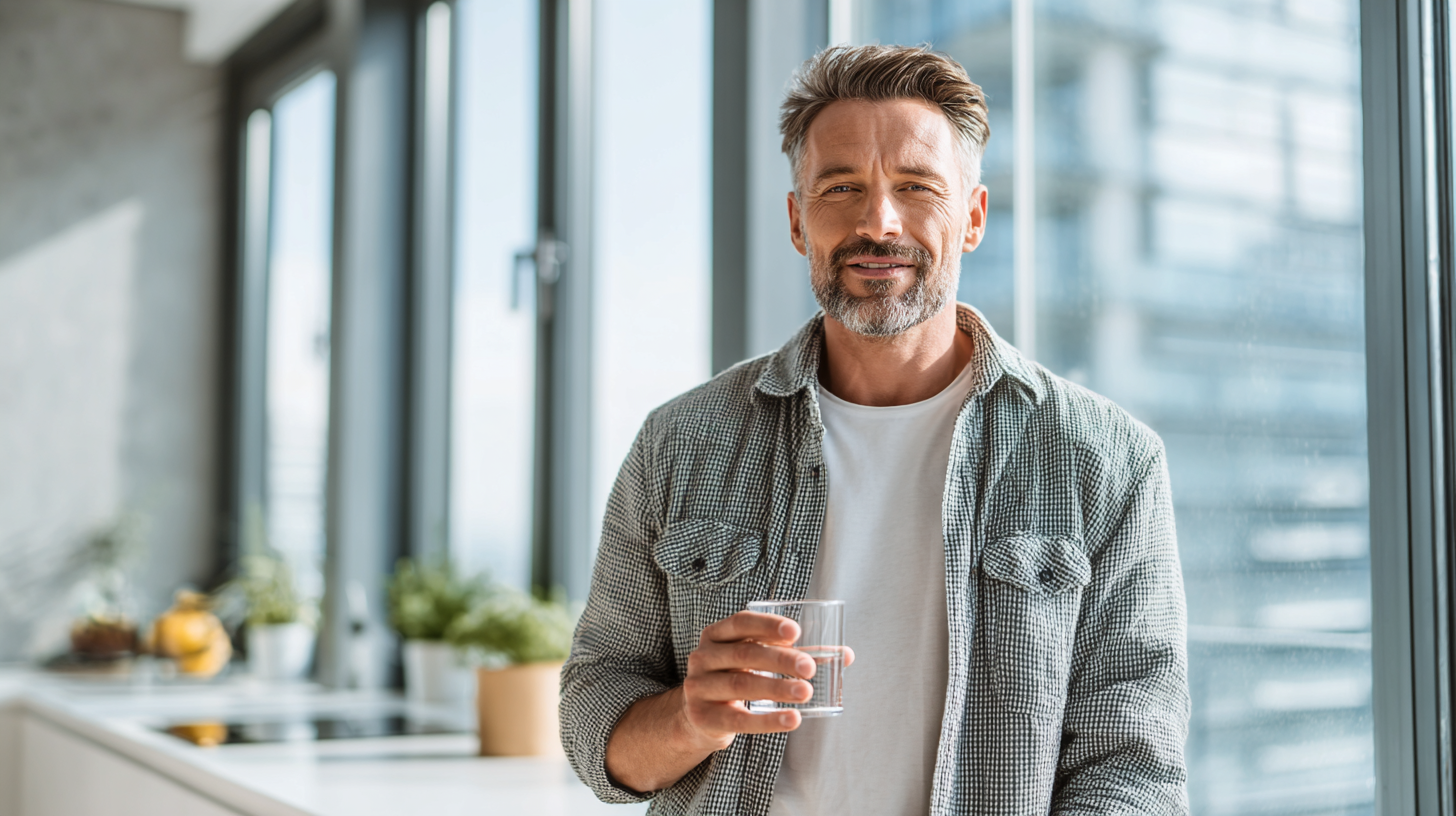 Ein gesundheitsbewusster Mann nutzt Vitamin D3 K2 Tropfen in einer lichtdurchfluteten modernen Küche zur Optimierung seiner Langlebigkeit.