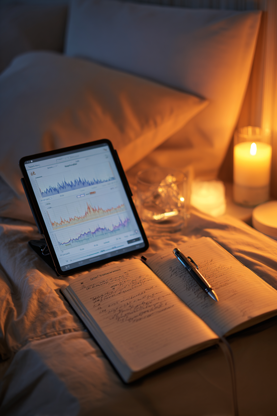 Smart Wearables Biohacking – Schlaftracking-App zeigt Schlafphasen neben handgeschriebenem Schlafprotokoll