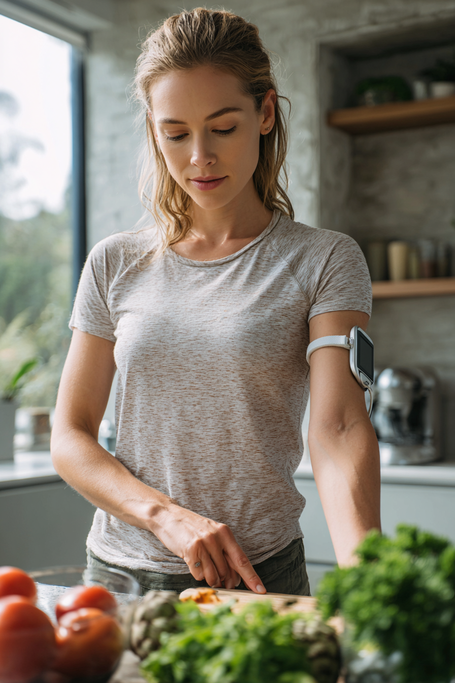 Smart Wearables Biohacking – Frau prüft CGM-Glukosesensor am Oberarm beim Kochen in moderner Küche
