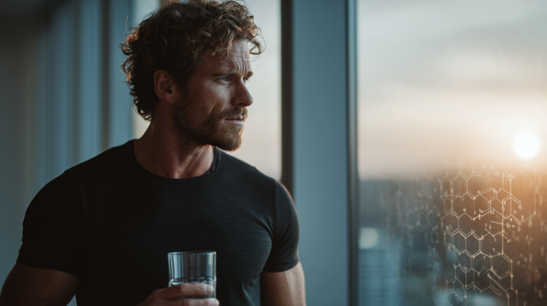 Ein sportlicher Mann in einem eleganten Penthouse optimiert seine zelluläre Energie mit einem morgendlichen Biohacking-Protokoll für maximale Langlebigkeit.